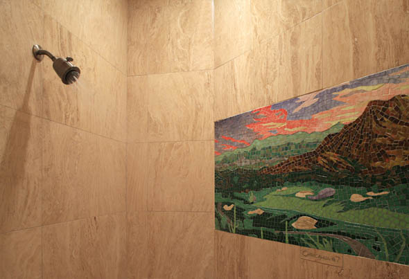 Glass tile mosaic installed in shower